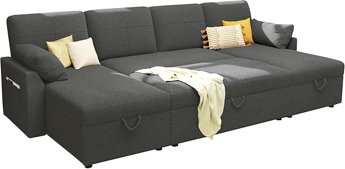 VanAcc Sleeper Sofa, 110 inch Oversize - 2 in 1 Pull Out Bed, Sectional Sleeper Sofa with Double Storage Chaise for Living Room, Grey Boucle Couch-Ruum Studio Home