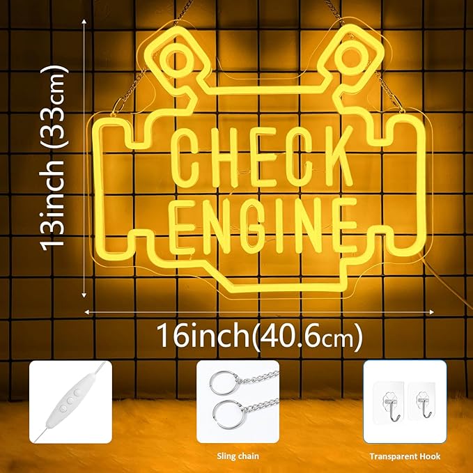 Check Engine Neon Signs for wall decor, Garage Neon Sign for Man Cave, Piston Engine Led Light Signs with Dimmer, Piston Decoration USB Powered with Switch-Ruum Studio Home