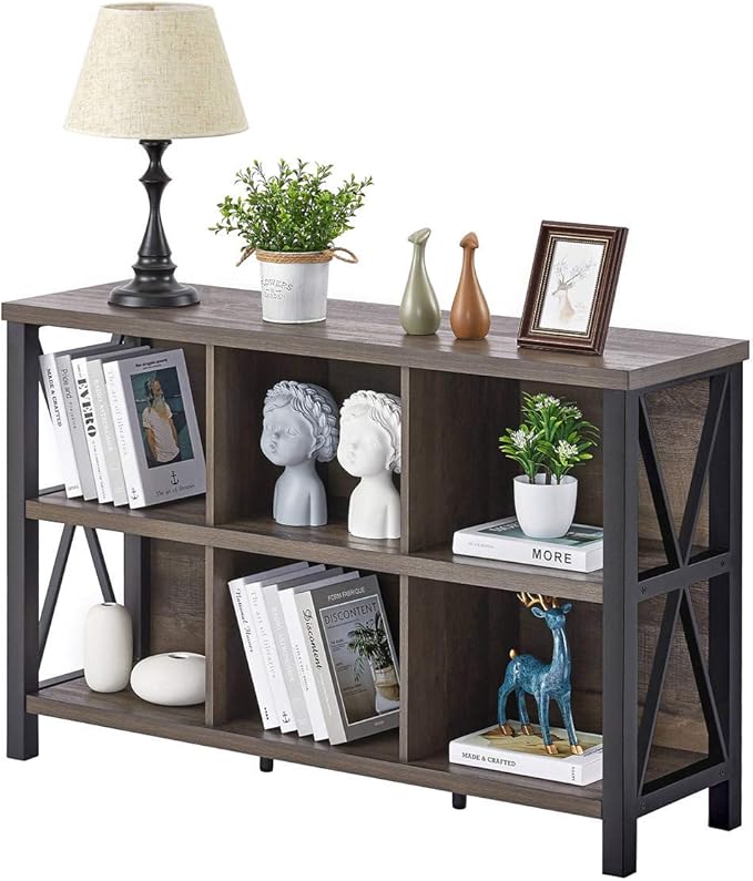 FATORRI Rustic 6 Cube Storage Organizer with Shelf, Wood and Metal Cubby Bookcase, Industrial Horizontal Bookshelf for Living Room, Home Office (Walnut Brown, 47 Inch)-Ruum Studio Home