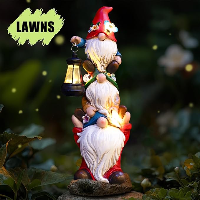Garden Gnome Statue with Solar Lights Garden Sculptures Funny Triple Gnome Outdoor Patio Lawn Yard Balcony Garden Home Decor Birthday Gifts for Women Mom Grandma 12 in Fall Gnome-Ruum Studio Home