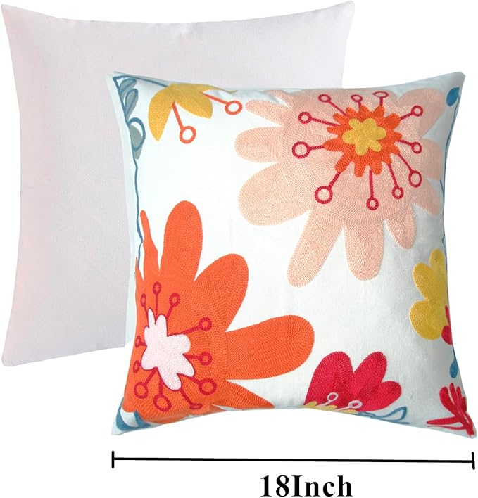 Embroidered Decorative Throw Pillow Cover, 18"x18" Set of 2, Farmhouse Pillowcase Pink Red Flower Knit Pattern Cotton Canvas Cushion Case Square Floral Pillow Case for Sofa Couch Bed Living Room…-Ruum Studio Home