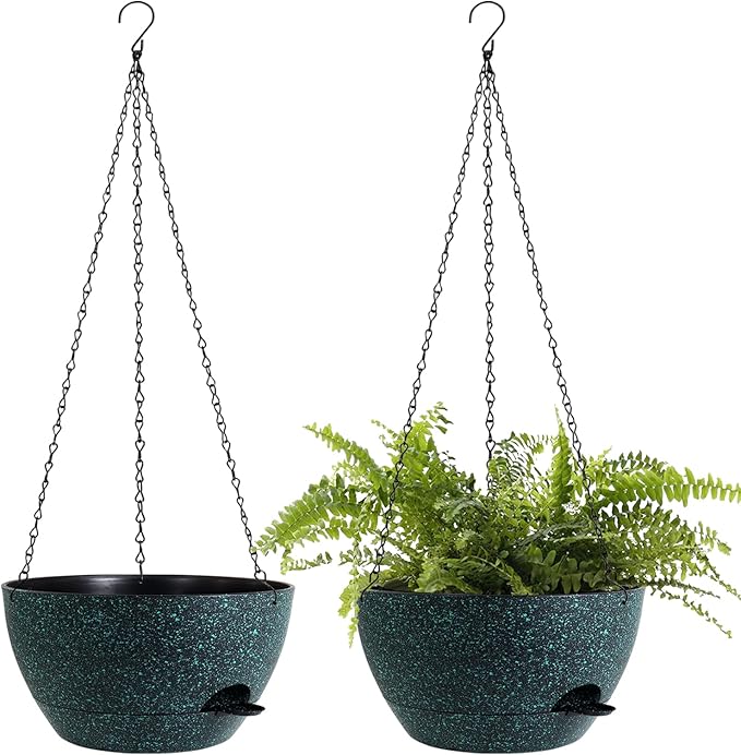 12 Inch Hanging Baskets 2 PC with Chains, Self-Watering Hanging Planters for Indoor Outdoor Plants, Plastic Hanging Flower Pots, Black with Green Speckles-Ruum Studio Home
