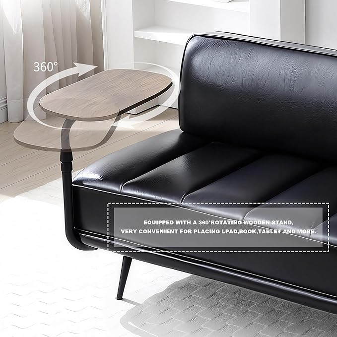 Sofa,Bed Bench,Small Spaces Furniture,Polyurethane Leather,Wood Frame,High Density Sponge Infillings,360-Degree Swivel Tray,Black Metal Leg (Black)-Ruum Studio Home