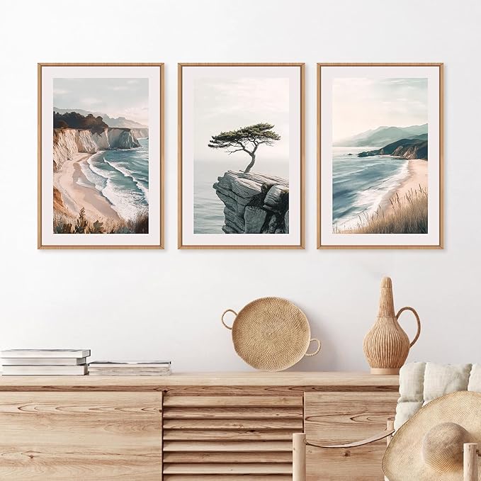 Amalfi Coastal Beach Framed Canvas Wall Art Set, Summer Ocean Wall Decor, Southwestern Beach Wall Painting, Ocean Seascape Art Prints for Living Room, Bedroom, Dining Room - 16"x24"x3-Ruum Studio Home