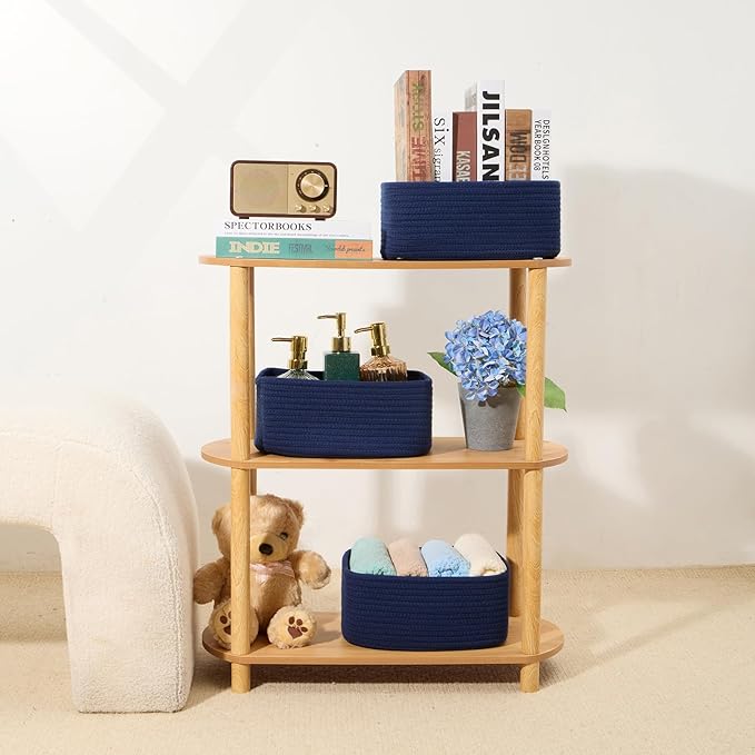Small Storage Baskets for Organizing | Closet Organizer Bins | Shelf Toy Basket | Woven Rope Baskets | Cube Decorative Box | Shallow Basket | 11.5x7.5x4.7” | 4 Packs Navy Blue-Ruum Studio Home