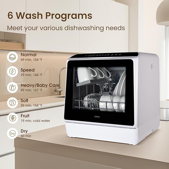 HAVA Countertop Dishwasher, 6 Programs Portable Dishwashers with 5L Built-in Water Tank, No Hookup Needed, Baby Care & Air-Drying Function for Apartments and RVs-Ruum Studio Home
