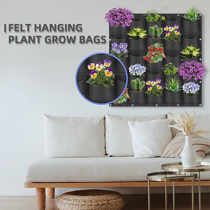 25 Pockets Hanging Planter Bags, Hanging Vertical Wall Mounted Plant Planting Grow Bags, Herb Garden Planter Outdoor Indoor Growing Bag, Gardening Vertical Greening Flower Container(1m×1m, Black)-Ruum Studio Home