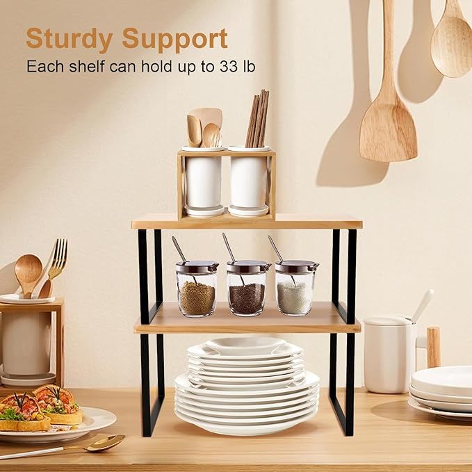 Bamber Large Cabinet Shelf Organizers Solid Wood Spice Rack Organizer for Cabinet Kitchen Countertop Storage, 16.5x10 Inches, Set of 2-Ruum Studio Home