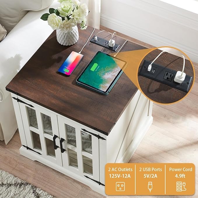 Farmhouse End Table with Charging Station,24" Large Sofa Side Table with Glass Barn Door, Rustic Wood Nightstand Bedside Table with Adjustable Storage Shelf for Living Room, Bedroom,White-Ruum Studio Home