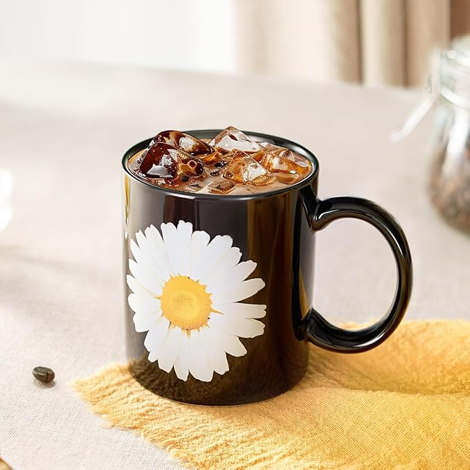 12Oz Daisy Black Ceramic Mug, Mug for Daily Coffee and Tea, Lead-free, Microwave and Dishwasher Safe Coffee Mug, Perfect gifts for women and men-Ruum Studio Home