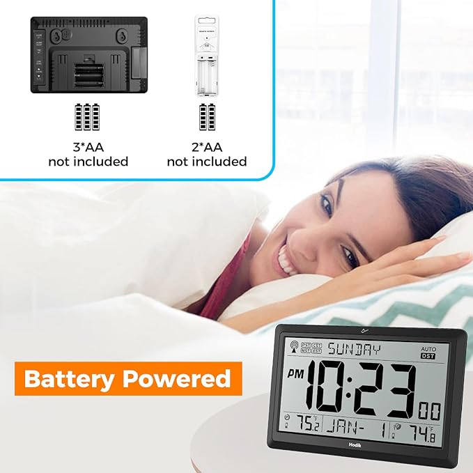 Wall Clock Atomic with Indoor Outdoor Temperature Battery Powered, Easy Reading with 10.5 Inch Large LCD Display, 330FT Range Table Wall Clock with DST, 12/24 Hour for Living Room Kitchen (Black)-Ruum Studio Home
