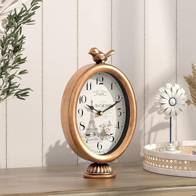 Vintage Table Clock with Bird, Desk and Shelf Decor Clock, French Paris Style, Antique Gold Metal Mantel Clocks for Living Room, Farmhouse, Bedroom, Bedside, Gift (10" H x 5.9" W)-Ruum Studio Home