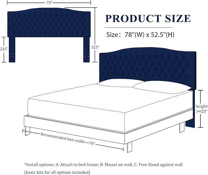Velvet Upholstered Headboard King/Cal King Size Latest Model Wall Mount, Bed Frame Mount, Featuring High-Density Sponge Padding, Luxury Texture Easy Assembly Comfort and Style-Navy Blue-Ruum Studio Home