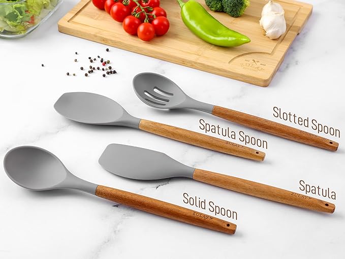 Zulay Kitchen Utensils Set Non-Stick Silicone Cooking Utensils Set with Authentic Acacia Wood Handles - 8 Piece Set - Silicone Kitchen Utensils Set with 464°F Heat Resistance - Gray-Ruum Studio Home