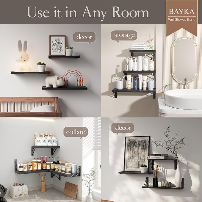 BAYKA Wall Shelves for Bedroom Decor, Floating Wall Shelves for Living Room Kitchen Storage, Wall Mounted Rustic Wood Floating Shelves for Kids Books, Corner Shelves for Bathroom, Office(Set of 3)-Ruum Studio Home