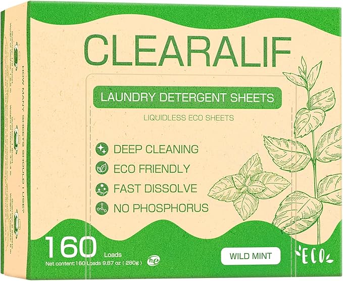 Laundry Detergent Sheets Up to 160 Loads, Wild Mint - Great For Travel,Apartments, Dorms,CLEARALIF Laundry Detergent Strips Eco Friendly & Hypoallergenic - 80 Sheets-Ruum Studio Home