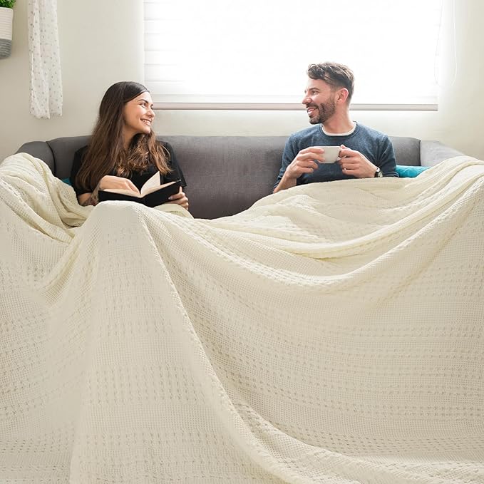 PHF 100% Cotton Waffle Blanket Oversized King 120"x120", Lightweight Breathable Extra Large 10'x10' Summer Blankets for Bed, Giant Big Luxury Aesthetic Woven Bedding for Home Decor, Cannoli Cream-Ruum Studio Home