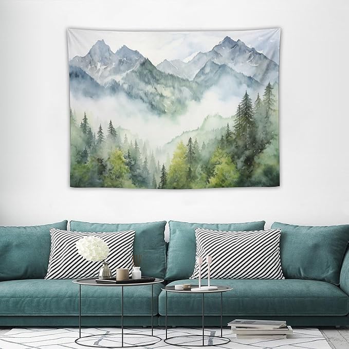 HZOHNAGO Mountain Tapestry Misty Green Forest Mountain Pattern Printed Wall Tapestry Wall Hanging for Bedroom Living Room Dorm 40" W x 30" H-Ruum Studio Home