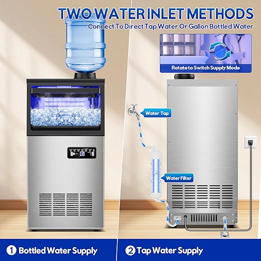 Commercial Ice Maker Machine, 110Lbs/24H, 30Lbs Storage, 36Pcs Clear Ice Cubes in 10-15Mins, Stainless Steel Under Counter or Freestanding Ice Machine - 2 Water Inlet Modes, for Home Party Office-Ruum Studio Home
