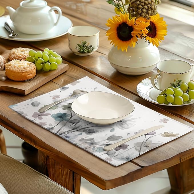 Flower Placemats Set of 4 Brown Cream Grey Poppy Flowers Table Mats Watercolor Rustic Vintage Floral Place Mat Farmhouse Linen Fabric Placemat for Party Kitchen Dining Outdoor Indoor Decor 12x18 Inch-Ruum Studio Home