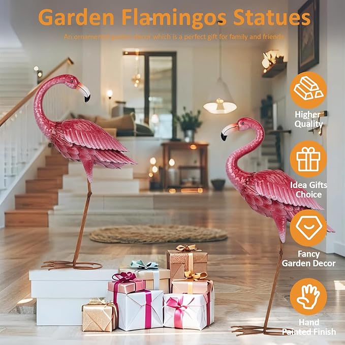 Kircust Flamingo Garden Sculpture & Statues, Metal Birds Yard Art Outdoor Statue, Large Pink Flamingo Lawn Ornaments for Home, Patio, Backyard Decor (2-Pack)-Ruum Studio Home