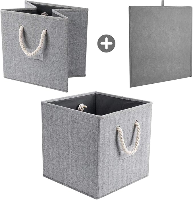 Robuy Cube Storage Bins,Grey Fabric Foldable Storage Bins,Set of 3 Stroage Boxes with Cotton Rope Handles for Organizer Home,Office, Nursery 13x13x13 inch-Ruum Studio Home