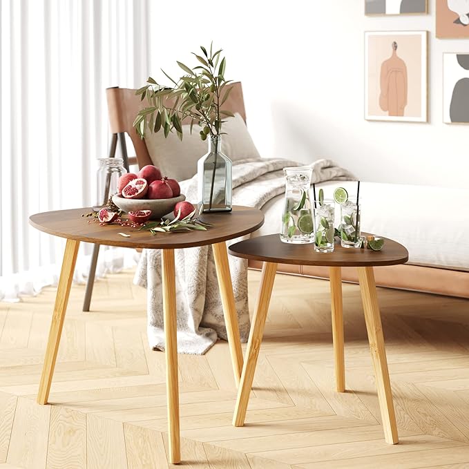 BAMEOS Bamboo Nesting Triangle End Table,Set of 2 Coffee Table Modern Minimalist Side Table for Living Room (Walunt)-Ruum Studio Home