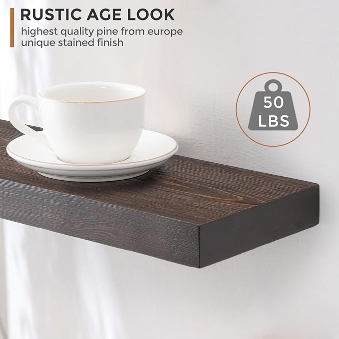Fun Memories Handcrafted European Pine Floating Shelves Wall Mounted Set of 2 - Natural Rustic Wooden Wall Shelf - Storage Shelf for Living Room Farmhouse - Dark Walnut - 16Inch-Ruum Studio Home