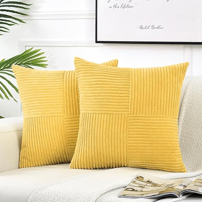 Fancy Homi 2 Packs Yellow Decorative Throw Pillow Covers 22x22 Inch for Living Room Couch Bed Sofa, Rustic Farmhouse Boho Home Decor, Soft Corss Corduroy Patchwork Accent Square Cushion Case 55x55 cm-Ruum Studio Home