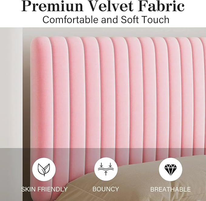 Twin Size Bed Frame, Velvet Upholstered Platform Bed with Vertical Channel Tufted Headboard and Footboard, No Box Spring Required, Easy Assembly, Pink-Ruum Studio Home