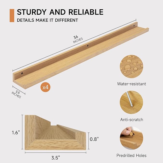 Picture Ledge Shelf for Wall, Floating Shelves Set of 4, 36 Inch Long Nursery Book Shelves for Toys Storage, Kids Bookshelf Wall Mounted for Books Photo Frames, Oak-Ruum Studio Home