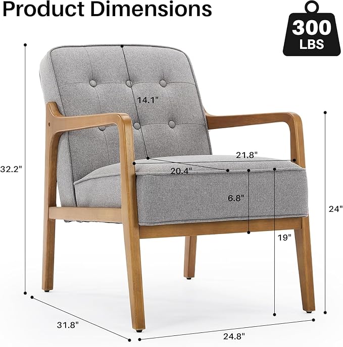 Linen Accent Chair Set of 2, Mid Century Modern Chair for Living Room, Upholstered Comfy Lounge Armchair with Solid Wood Frame, Reading Side Chair for Bedroom,105°Ergonomic Comfort, Grey-Ruum Studio Home