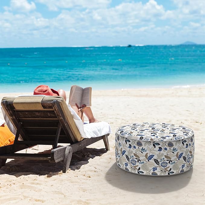 LVTXIII Indoor/Outdoor Inflatable Ottoman, D31 x H14 Inch Large Round Ottoman, All Weather Foot Rest Stool, Portable Footrest for Patio, Garden, Camping and Home - Breeze Leaves Beige-Ruum Studio Home