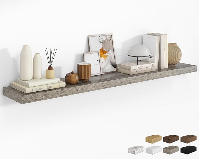 RICHFOCUS 72Inch Floating Shelves for Wall 1 Pack Shelves for Bedroom|Kitchen|Bathroom Wall Mounted Rustic Wood Floating Shelf with Invisible Brackets for Books|Storage|Decor, Grey-Ruum Studio Home