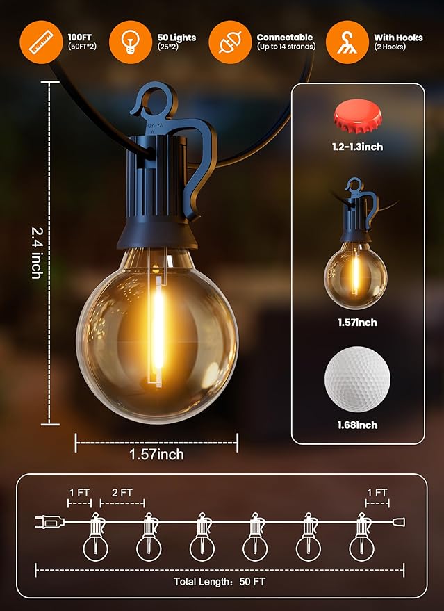 Outdoor-String-Lights-Paio-Lights, 100FT (50FT*2) 50+2 Shatterproof Bulbs Outdoor Patio Lights, IP65 Waterproof Connectable Hanging Outside Light for Backyard, Porch, Deck, Balcony, 2200K-Ruum Studio Home