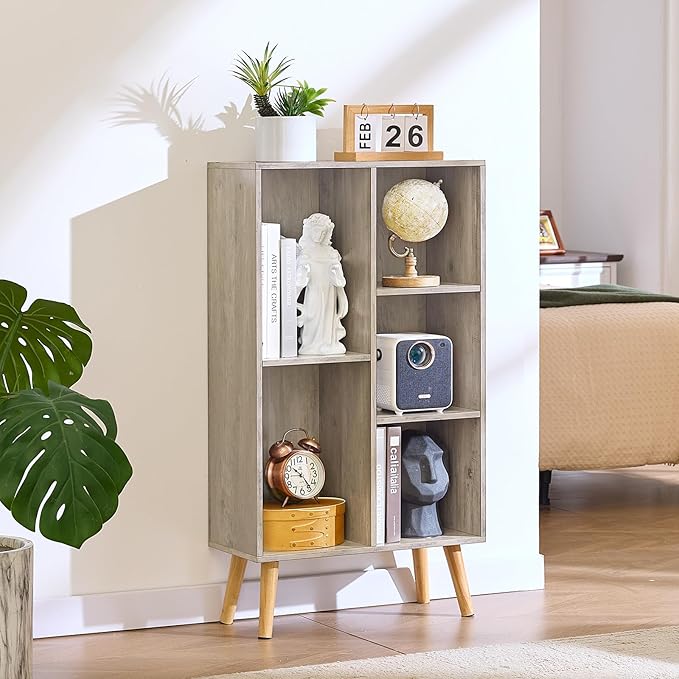 5 Cube Small Bookshelf,3 Tier Mid-Century Modern Bookcase with Legs,Wood Bookshelves Storage Organizer Shelf,Free Standing Narrow Book Shelves,Rustic Grey Corner Bookcases for Bedroom,Living Room-Ruum Studio Home