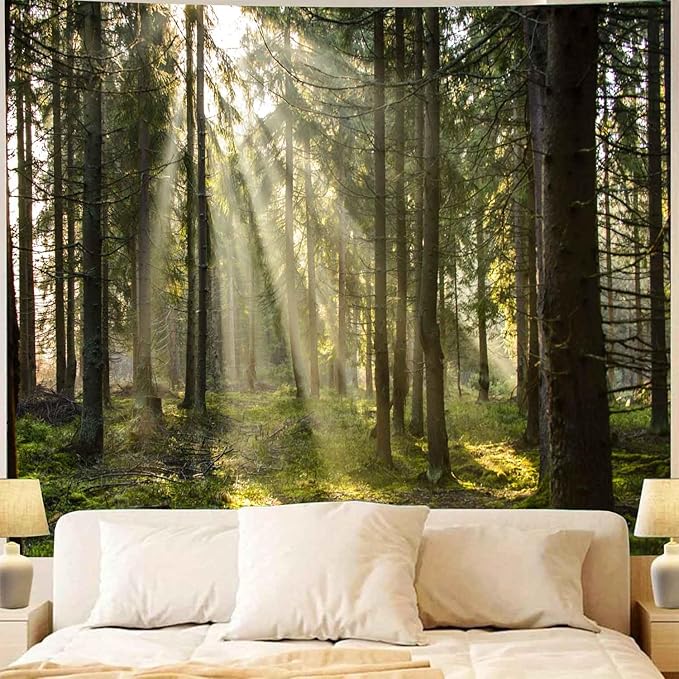 Onivein Forest Tapestry Nature Sunlight Streaming Through Green Trees Wall Hanging for Bedroom Living Room Office Decor 60 x 50 Inches-Ruum Studio Home