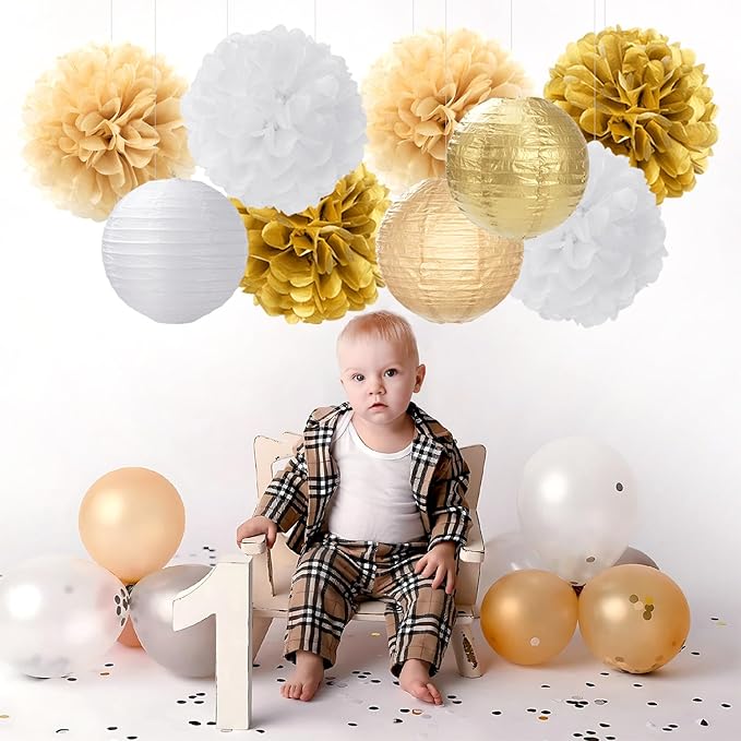 White Gold Party-Decorations Paper Flowers Lanterns - 15PCS Engagement Birthday Graduation Wedding Tissue Pom Poms Streamers,Neutral Bachelorette Baby Bridal Shower Hanging Supplies Decor Hugfond-Ruum Studio Home