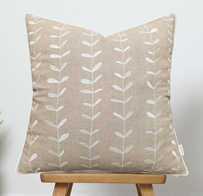 VAGMINE Embroidered Lollipop Pillow Cover - 18x18 Inches Square - 100% Linen Natural Decorative Cushion Cover - Farmhouse Rustic Embroidery - Cozy Accent for Sofa, Bed, Living Room, Neutral Home Decor-Ruum Studio Home