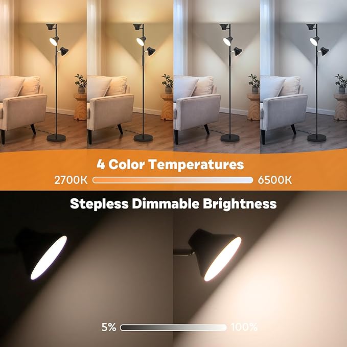LED Floor Lamp, 36W Modern Floor Lamp with Remote & Touch Control, 4 Color Temperatures, Standing Lamp with 3 Rotatable Lights, Floor Lamps for Living Room, Bedroom, Office-Ruum Studio Home