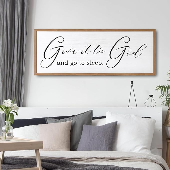 Give It To God And Go To Sleep Sign Wall Decor 40x15 Inch Large Farmhouse Master Bedroom Above Bed Hanging Wall Art Rustic Guest Room Wood Framed Over Bed Wall Decoration (Wood White)-Ruum Studio Home