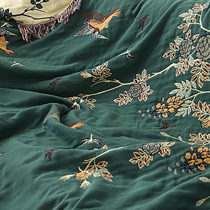 Boho Muslin Blanket for Adults 4-Layer Gauze Twin Size Soft Cozy 100% Cotton Summer Cooling Blanket Floral Decor for Sofa Bed Coverlet Both Sides (Tassels Birds and Floral, Twin 60 x 80 in)-Ruum Studio Home