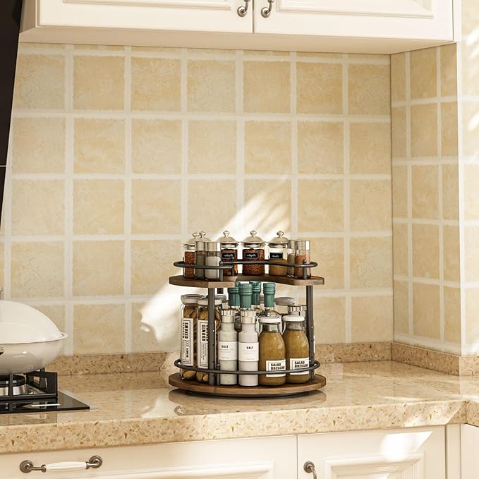 2 Tier Lazy Susan Organizer,2-Tier Spinning Spice Rack with Stable Carousel Base & 4 Height Settings for Cupboard Kitchen Countertop Dining Table Cupboard (Round)-Ruum Studio Home