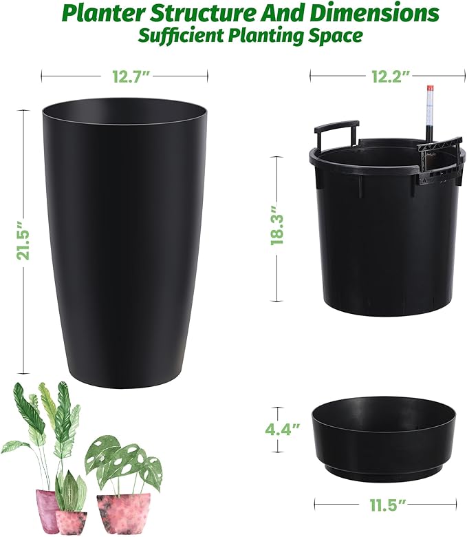 22" Tall Round Planter Set of 2, Self Watering Pots for Indoor Plants, Large Flower Pot Outdoor with Built-in Drainage and a Water Level Monitor, for Patio, Porch, Living Room, or Home Office, Black-Ruum Studio Home