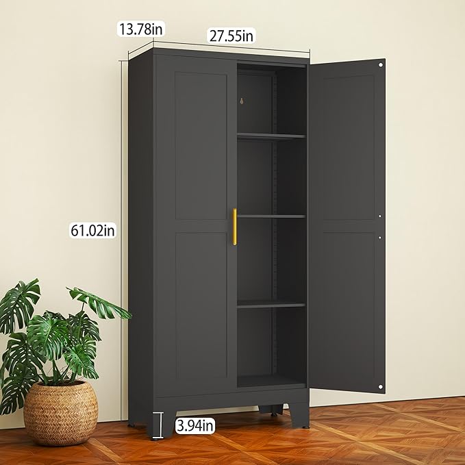 Black Metal Storage Cabinet, 61" Steel Cabinets for Home Office, Kitchen Pantry Storage Cabinet with Doors and 3 Adjustable Shelves, Metal Tool Cabinet, for Office, Home, Garage, School-Ruum Studio Home