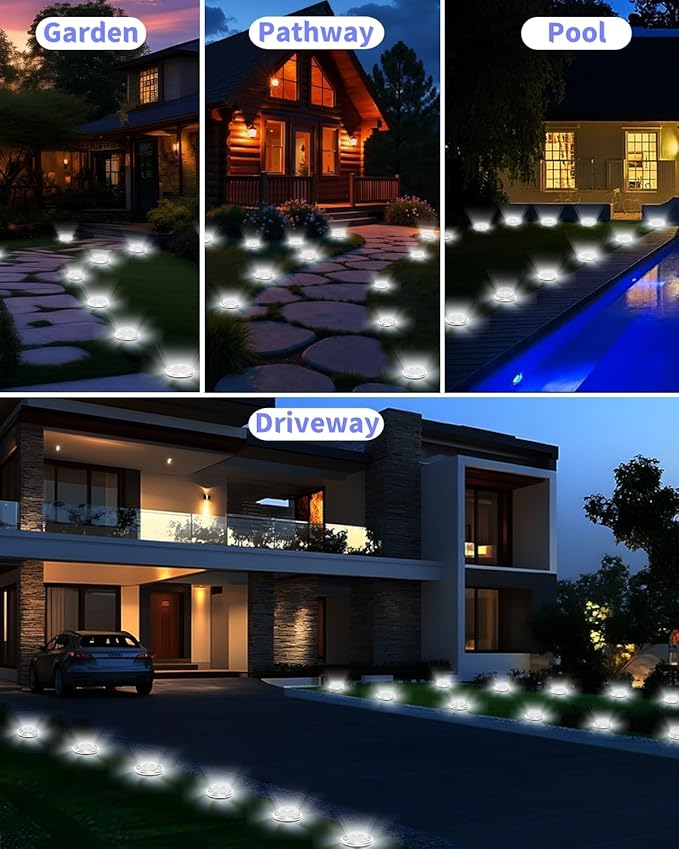 Solar Ground Lights Outdoor 2 Pack Waterproof, Upgraded Solar Garden Lights with 4 Side Light, Stainless Steel Solar Powered Disc Landscape Light for Walkway Pathway Lawn Yard Patio Deck-Cool White-Ruum Studio Home
