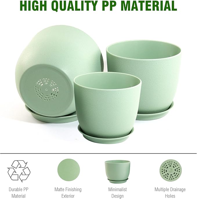 Large Plant Pots 12/10/9 inch, Set of 3 Modern Decorative Plastic Planters with Drainage Holes and Saucers, Flower Pots for Indoor Outdoor Plants, Green-Ruum Studio Home