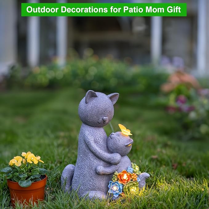 Solar Garden Statues Loving Cat Figurine Lights for Outside, Yard Decorations Outdoor, Garden Decor Unique Mothers Day Birthday Housewarming Gifts for Mom, Women-Ruum Studio Home