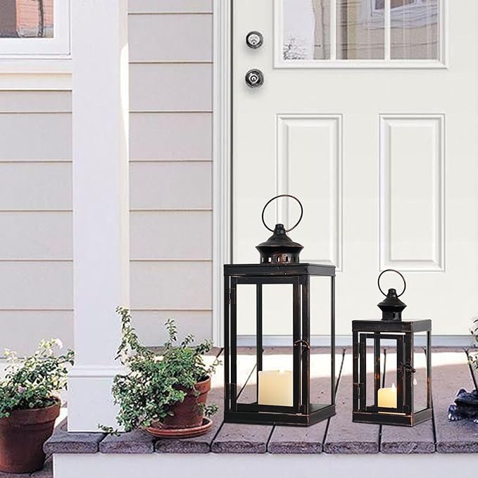 DECORKEY Large Lantern Decorative Outdoor & Indoor, Set of 2 (14’’&10’’) Metal Candle Lanterns Decor, Vintage Hanging Candle Holder for Front Porch Patio Wedding Farmhouse Home, Spring Decoration-Ruum Studio Home