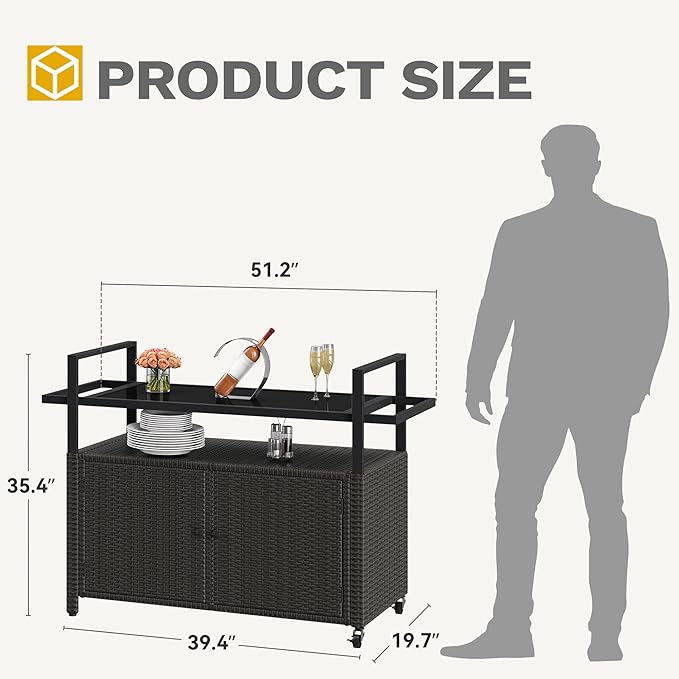 DWVO Patio Bar Table,Outdoor Kitchen Island with Glass Top,Rattan Patio Storage Cabinet with Wheels,Bar Cart for Poolside and Backyard,Black-Ruum Studio Home